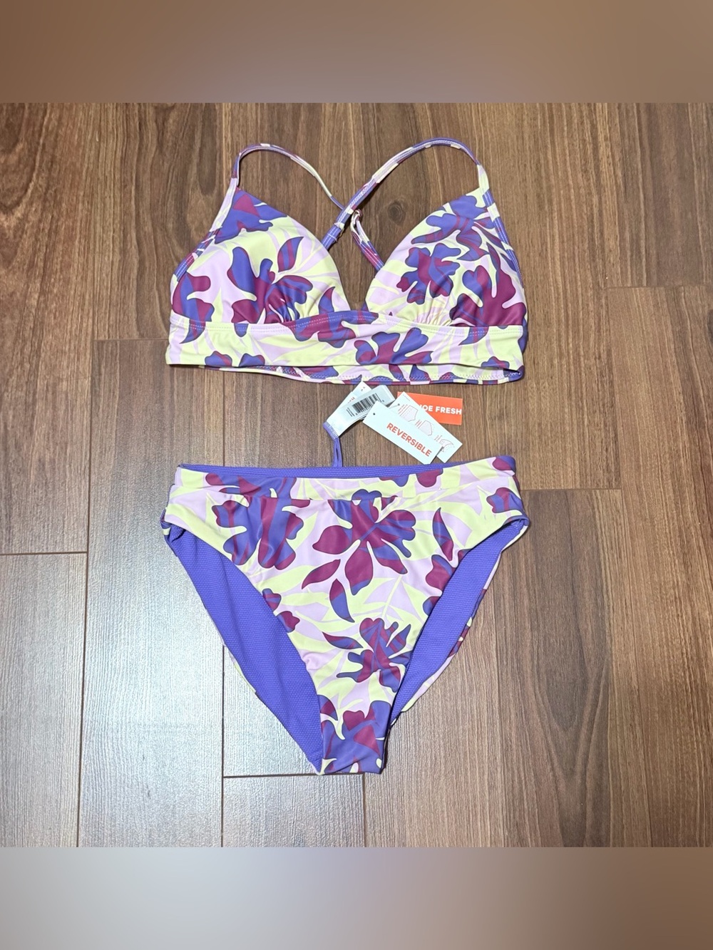Joe Fresh Purple Cream Floral Reversible Bikini Set